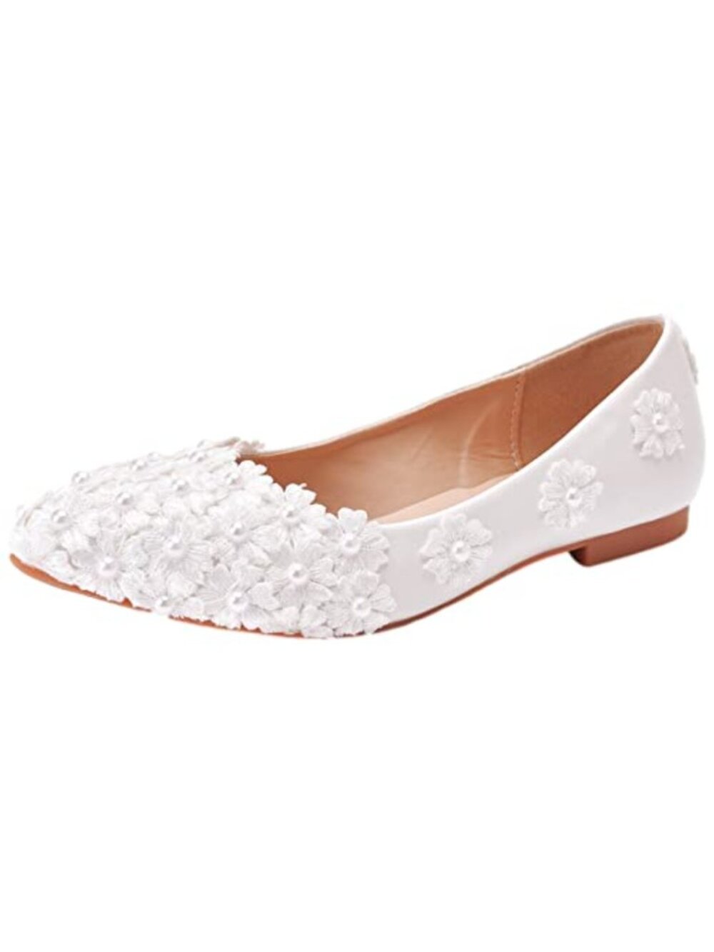 Elegant Pointed Toe Lace Pearls Bridal Ballet Flats Soft Sole Wedding Shoes